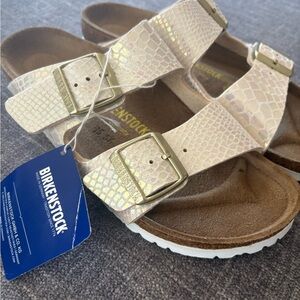 Birkenstock Arizona Prismatic Snake Skin Gold-Tone Textured Sandals